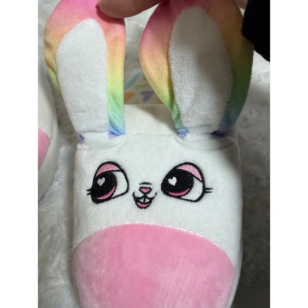 Flipeez Kids Bunny Rainbow Ears Heart Print White Pink Size Medium Slippers